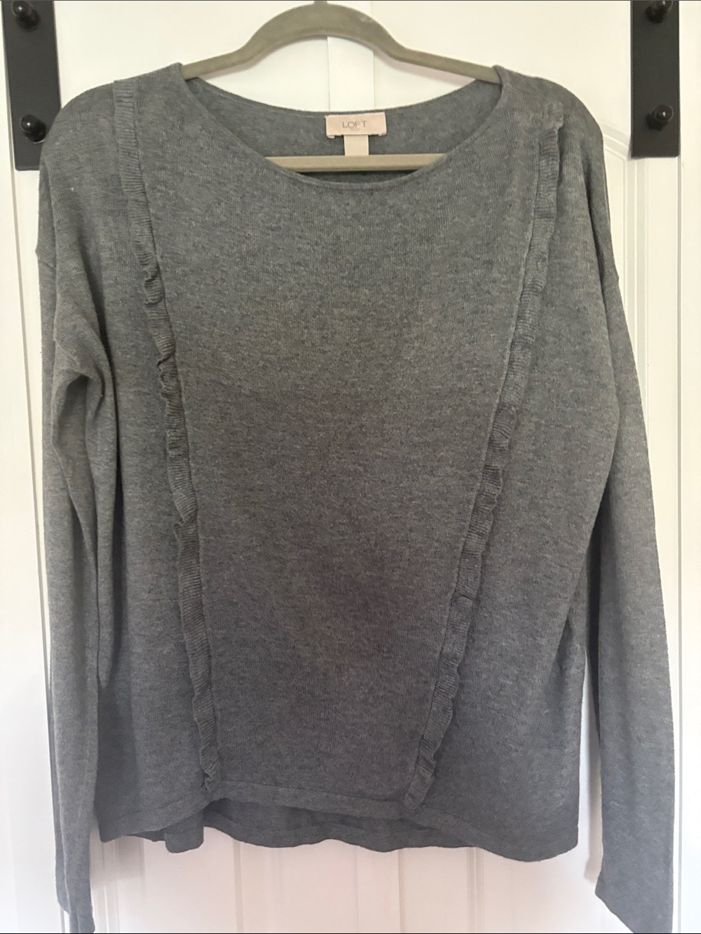 LOFT Gray Ruffle-Trim Crewneck Sweater
